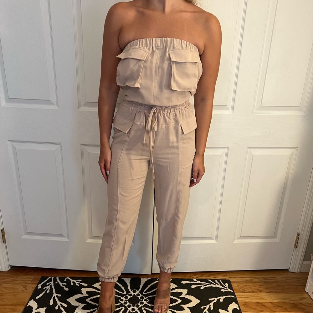 Fashion Nova Cargo Tan Jumpsuit